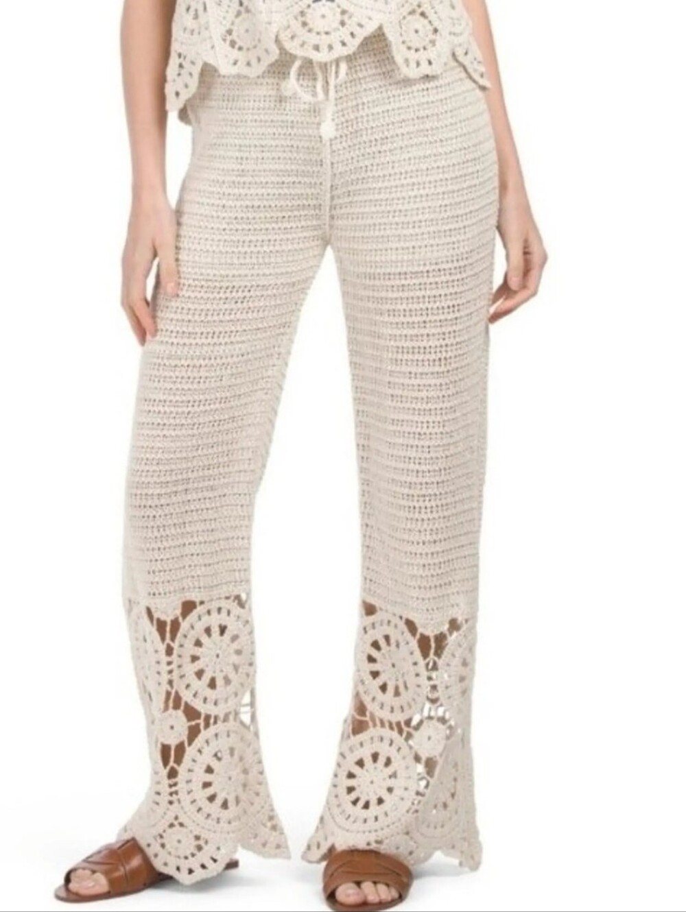 Solitaire Crochet Pants Wide Leg Boho Bohemian Beige Cream M L